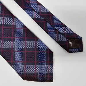SANTORELLI HAND MADE ITALY SILK TIE BLUE RED TEXTURED PLAID LUXURY 3.5" X 59"
